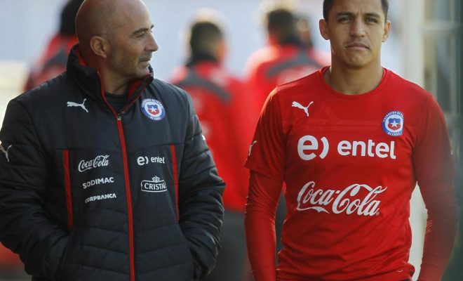Alexis Sánchez y Jorge Sampaoli con la selección de Chile